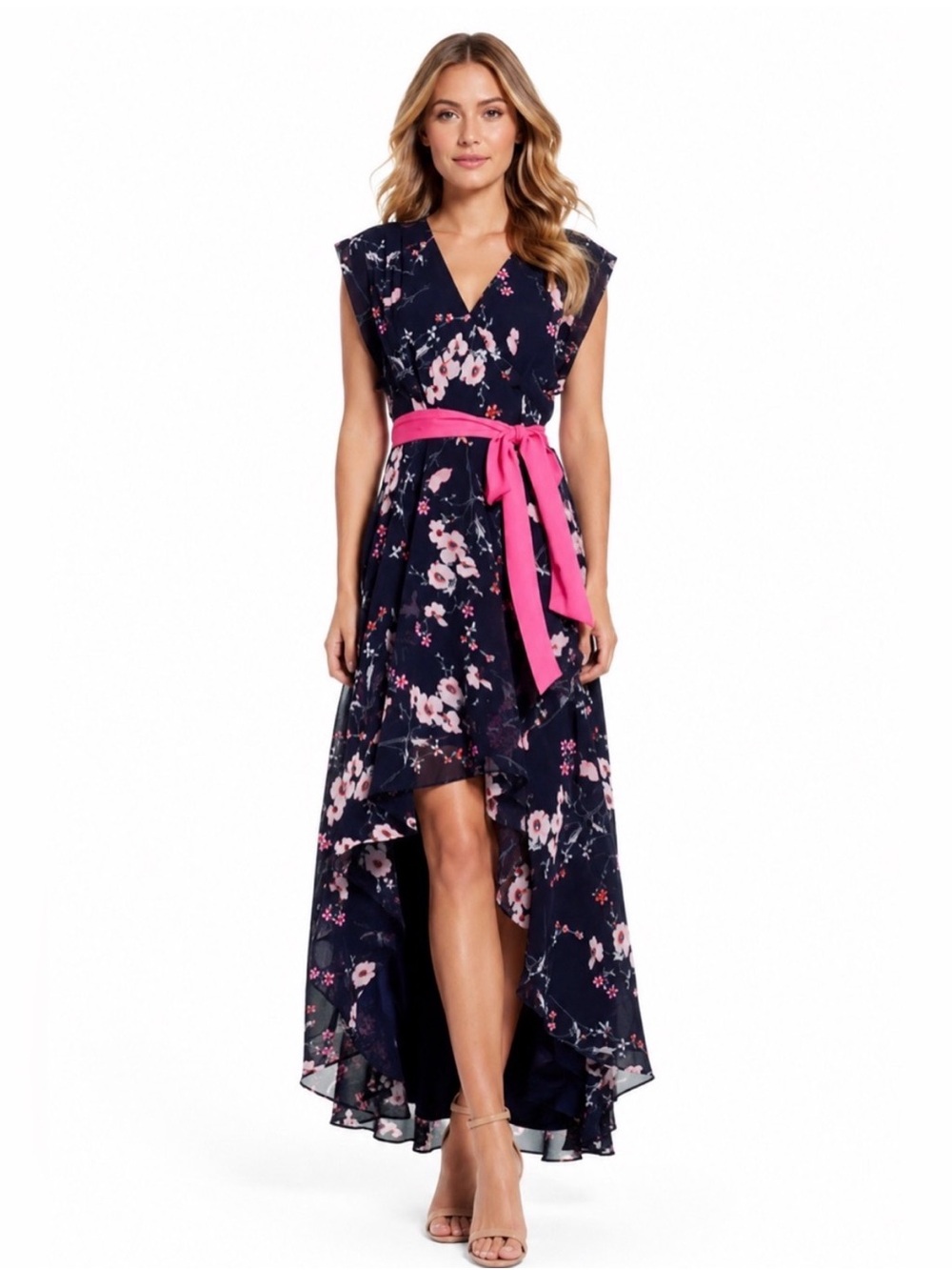 Eliza J Navy Floral High Low Maxi Dress Pink Sash Size 2